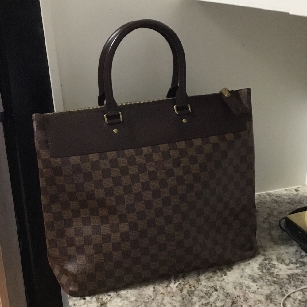 Louis Vuitton Brown Checkered Leather Briefcase Tote. ORE-OWNED.